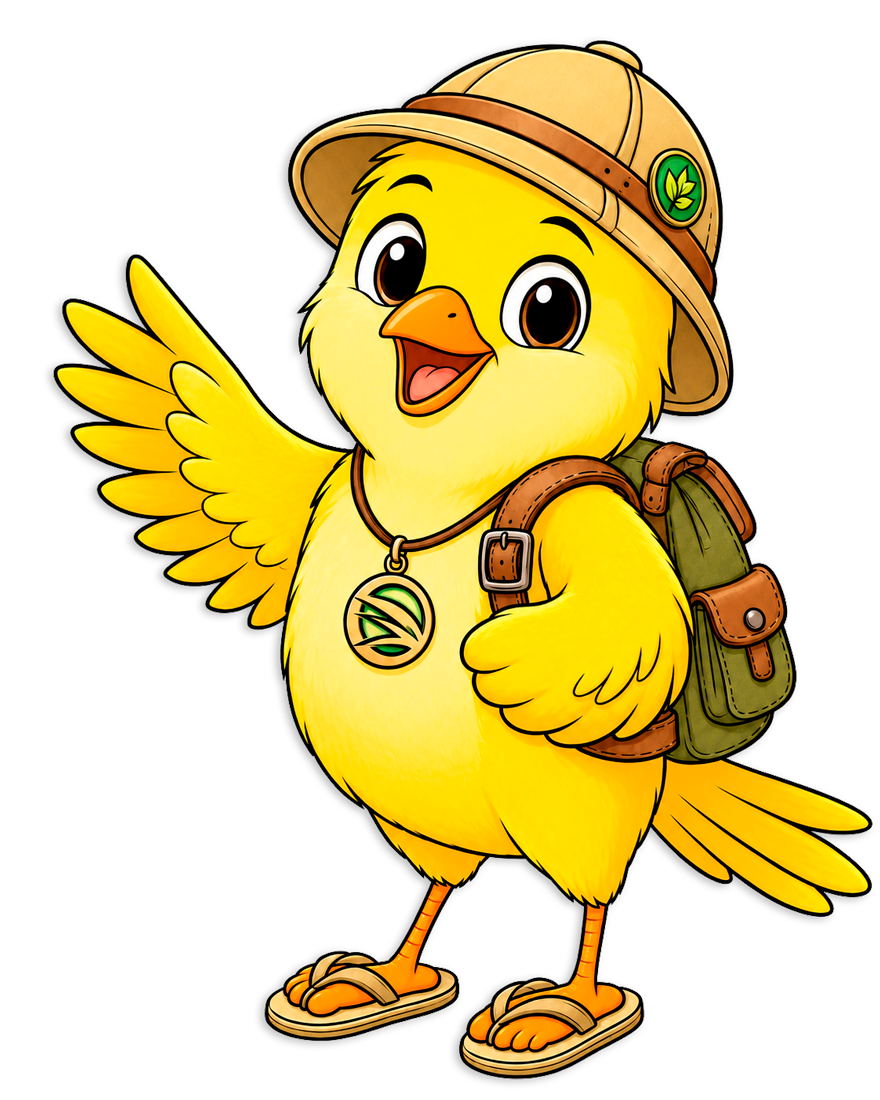 Magec, el canario explorador: una mascota con sombrero de explorador, mochila, cholas de playa y un collar con el símbolo del proyecto, lista para colorear
