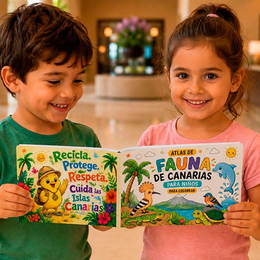 Niña sonriente disfrutando del Atlas de Fauna de Canarias